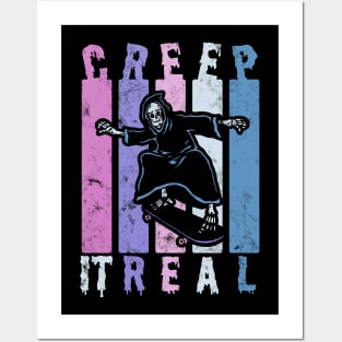 Creep It Real Spooky Halloween Skeleton Skateboarding Skater Posters and Art